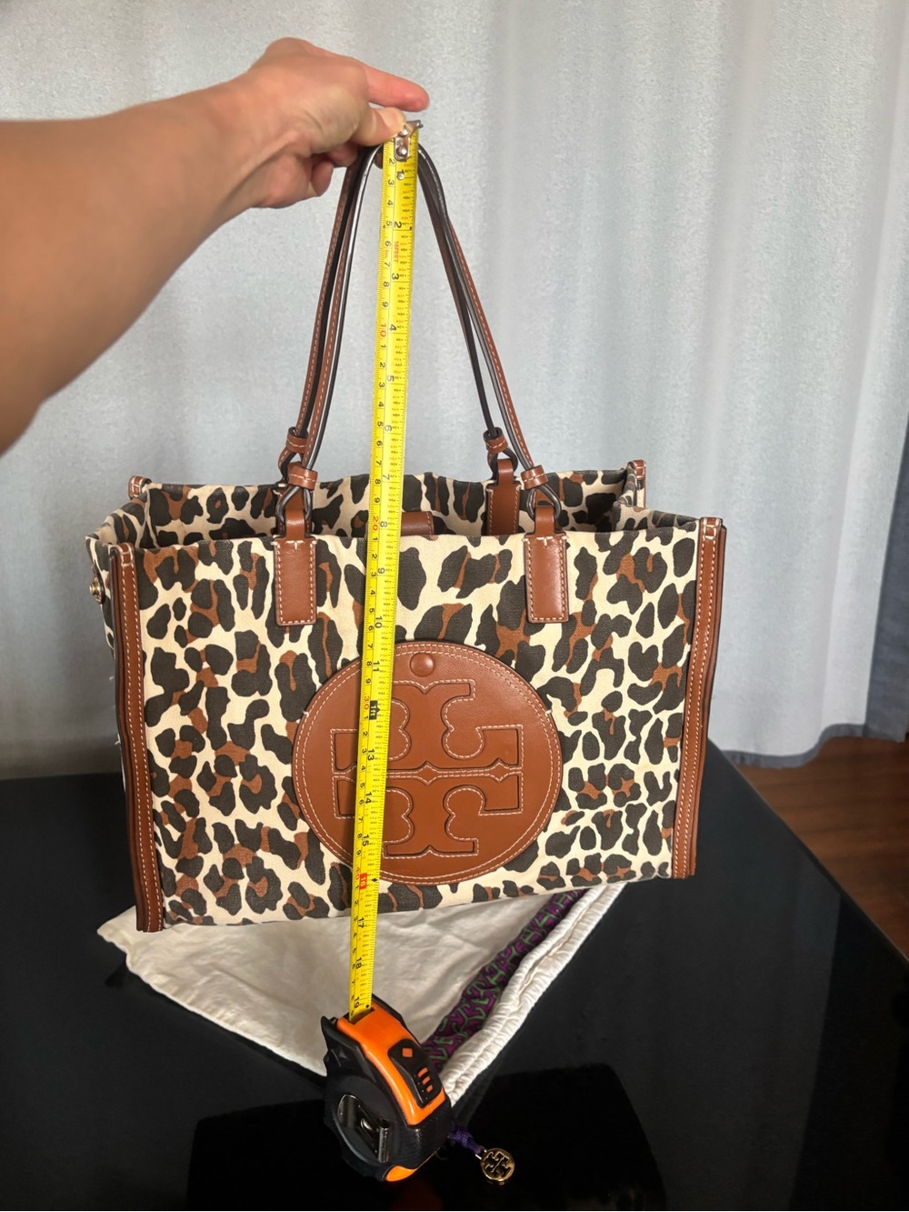 Authentic Tory Burch Ella Leopard Print Leather-Trim canvas Tote - Brown/Cream - Picture 13 of 16